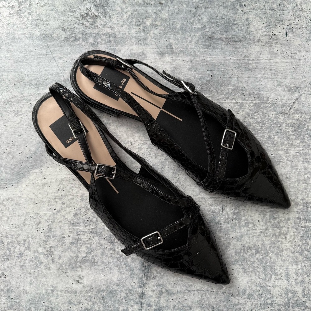 Dolce Vita Black Patent Croc Pointed Slingback Flats with Dual Buckles